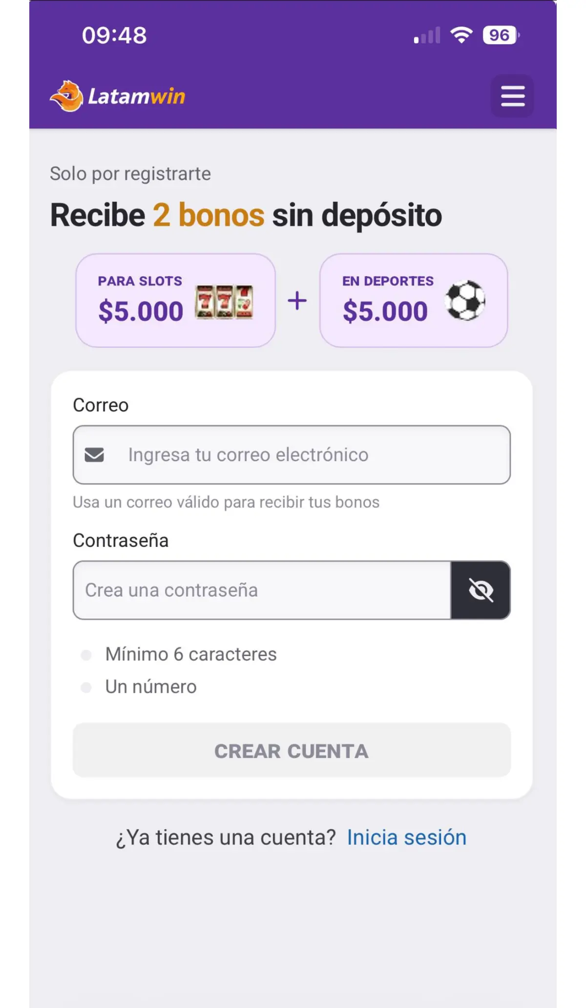 Formulario de registro de Latamwin casino desde el móvil