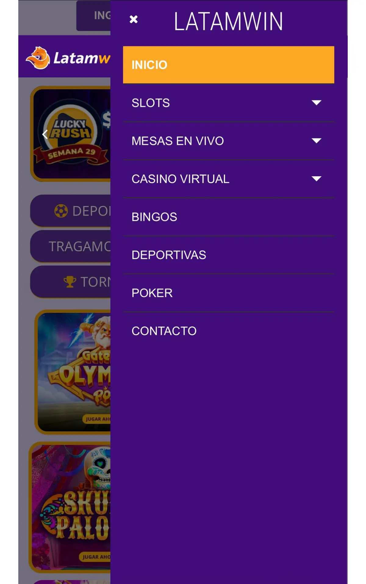 Menú móvil de la plataforma Latamwin casino en Chile