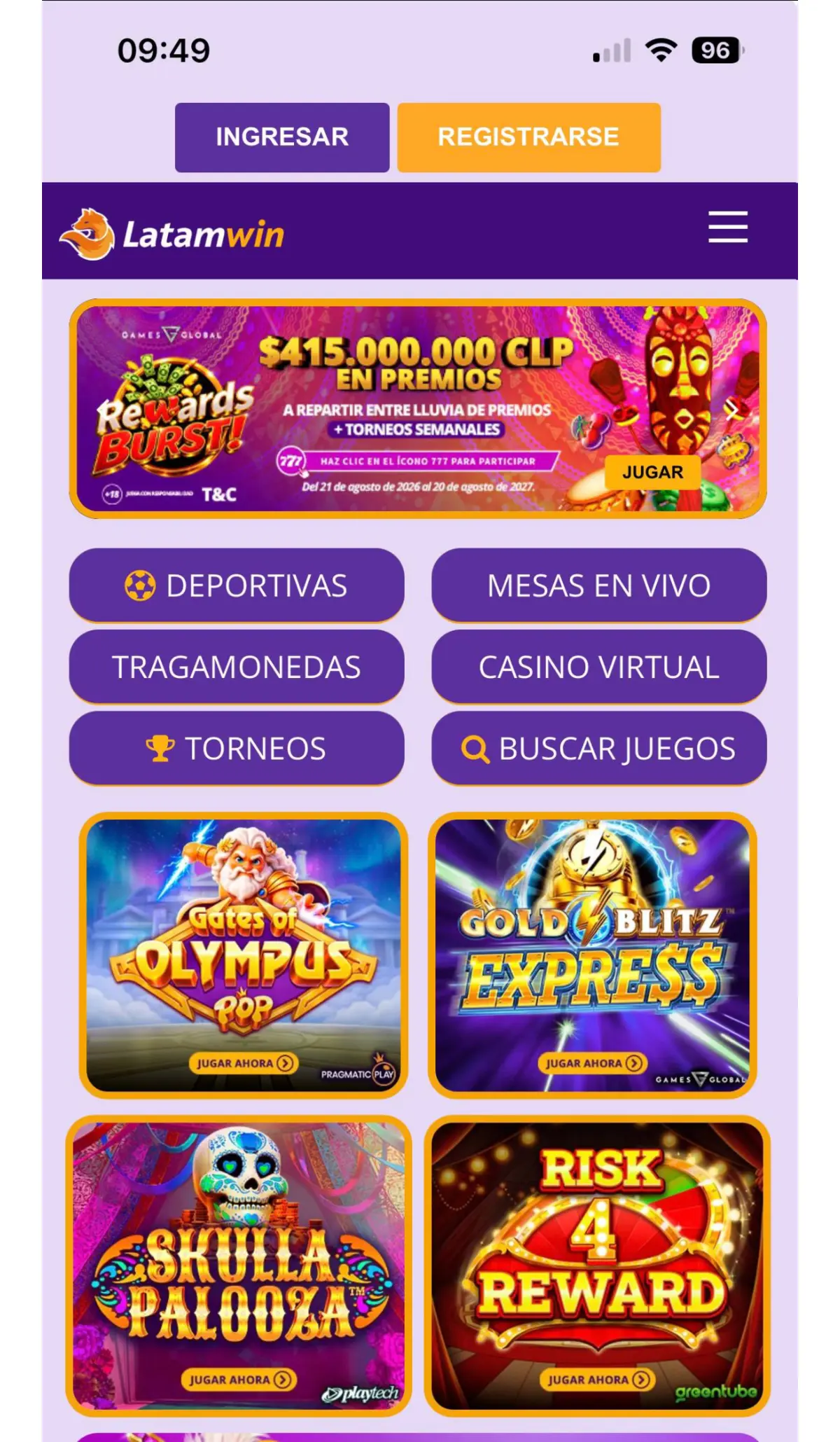 Catálogo de juegos y apuestas de Latamwin casino en móvil