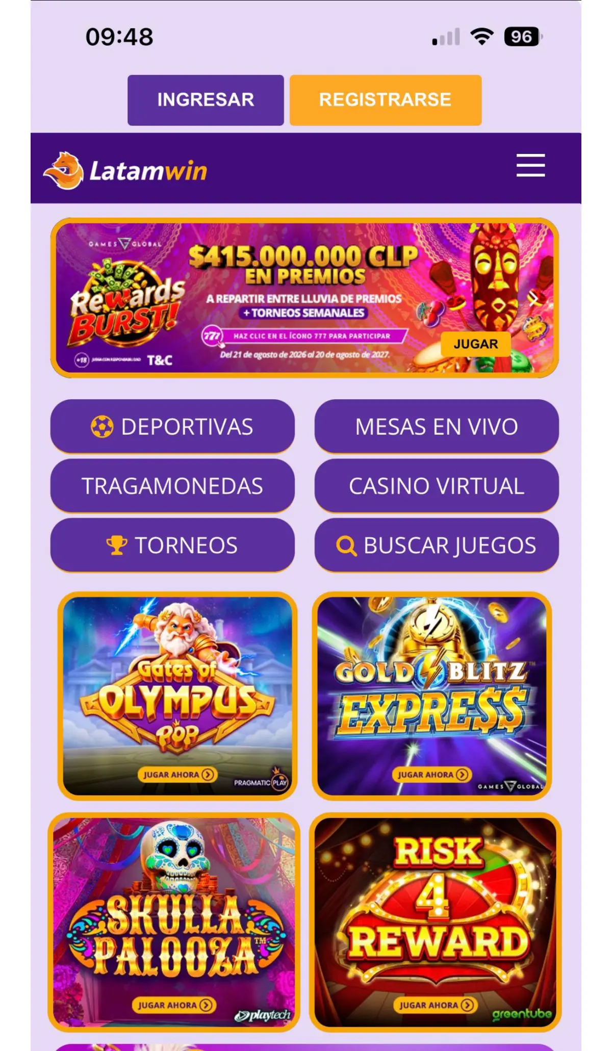 Pantalla principal de Latamwin casino en móvil para Chile